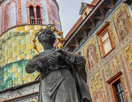 View of the historic Český Krumlov Castle Tower located in the town of the same name Český Krumlov (Krumau).