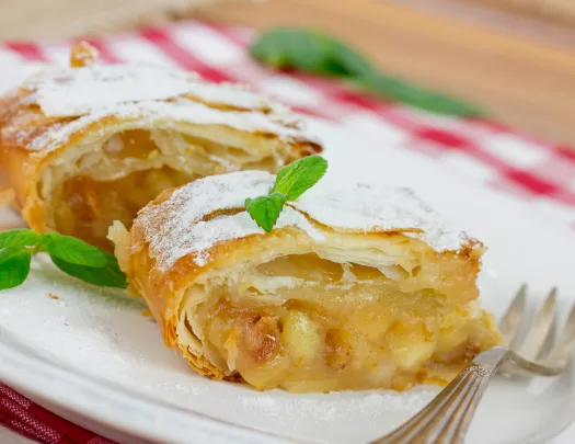 Plate of apple strudel.
